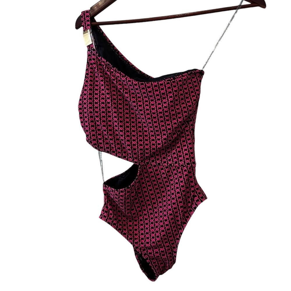 Michael Kors Chain Link Cut Out One Shoulder Bathing Suit Pink 6